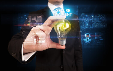 Businessman holding lightbulb with SECURE PAYMENT inscription, online security idea concept