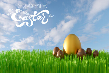 3D render of Easter greeting card with green grass, blue sky, golden and chocolate eggs. Handwritten lettering Happy Easter