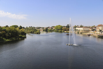 View of Bergerac from the other side of Dordoña river. French region of Nouvelle-Aquitaine. France