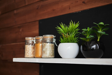 glass jars with cereals and a decorative flower on a white shelf on a black background