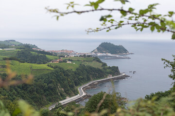 Aerial view of the coastal road in the direction of Getaria on the Basque coast in northern Spain.