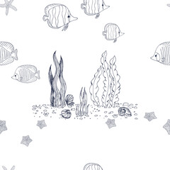 Sea fishes and stars, gray outline on white background. Seamless pattern.
