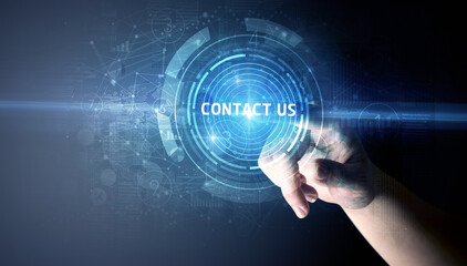Hand touching CONTACT US button, modern business technology concept