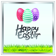 Banner with color eggs. Green grass and blue sky on background. Easter template.