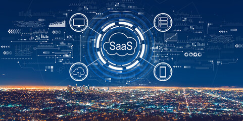 SaaS - software as a service concept with downtown Los Angeles at night