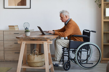 Full length side view portrait of senior man in wheelchair using laptop at home, copy space