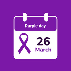 World epilepsy day social media post template. march 26 calendar illustration with purple ribbon isolated on purple background. Epilepsy solidarity symbol. March 26 rd