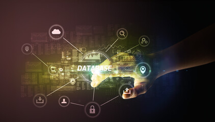 Hand touching DATABASE inscription, Cybersecurity concept