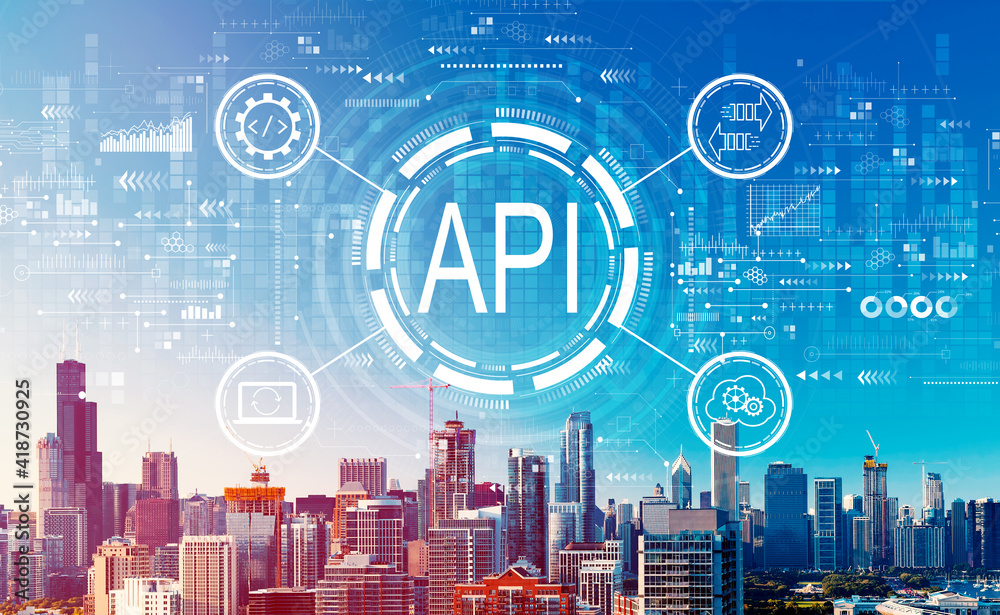 Sticker api - application programming interface concept with downtown chicago cityscape skyscrapers