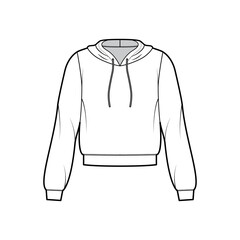 Hoody sweatshirt technical fashion illustration with long sleeves, relax body, banded hem, drawstring. Flat medium apparel template front, white color style. Women, men, unisex CAD mockup