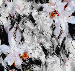 Floral background with stylized cherry flowers on gunge striped, stained black ,white backdrop