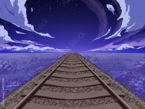 まっすぐな線路と草原の風景 背景イラスト 夜 Animation Canvas Print Animati ふわぷか