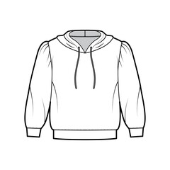 Hoody sweatshirt technical fashion illustration with elbow sleeves, relax body, banded hem, drawstring. Flat small garment apparel template front, white color style. Women, men, unisex CAD mockup