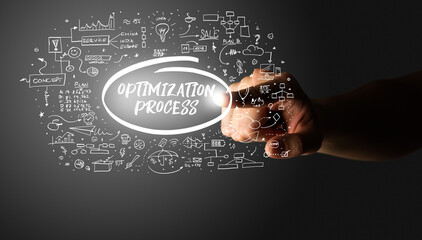Hand touching OPTIMIZATION PROCESS inscription, hand drawn icons around, business plan concept