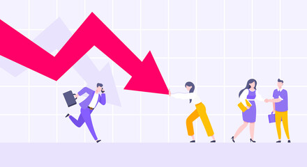 Cost reduction and business bankruptcy concept. Young adult people pushed red crisis arrow downturn vector illustration. Economy crisis, investment global market risk and stock market crash metaphor.