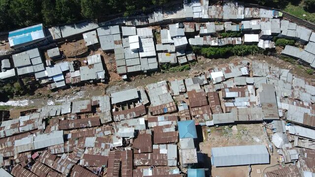 Aerial view of Kibera metal rooftops, largest slum in Africa