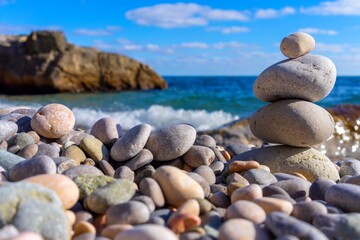 Fototapeta na wymiar Pyramid of sea pebbles on the Black Sea coast. Relaxation and harmony concept