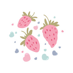 Set of cartoon strawberries with colorful hearts vector illustration.