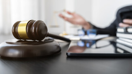 Professional lawyer considering with contract papers in courtroom. Justice, Law, Attorney and Court...