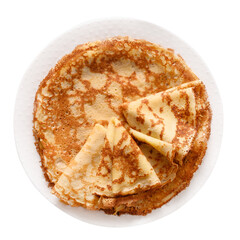 Thin pancakes in plate isolated on white. Russian traditional breakfast for religion holiday Shrovetide before Easter. Top view.