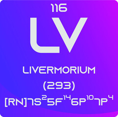 Livermorium ,   Chemical Element vector illustration diagram, with atomic number, mass and electron configuration. Simple gradient design for education, lab, science class.