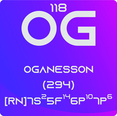 Oganesson Og  Chemical Element vector illustration diagram, with atomic number, mass and electron configuration. Simple gradient design for education, lab, science class.