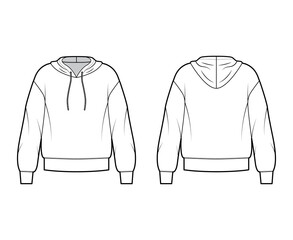 Hoody sweatshirt jumper technical fashion illustration with long sleeves, oversized body, banded hem, cuff. Flat large apparel template front, back, white color style. Women, men, unisex CAD mockup