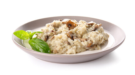 Plate with tasty risotto on white background