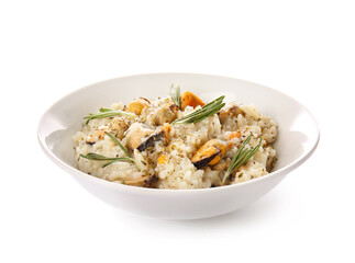 Plate with tasty risotto on white background