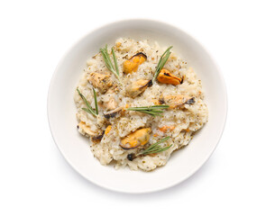 Plate with tasty risotto on white background