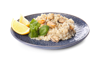 Plate with tasty risotto on white background