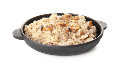 Frying pan with tasty risotto on white background