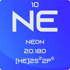 Neon Ne Noble gas Chemical Element vector illustration diagram, with atomic number, mass and electron configuration. Simple gradient design for education, lab, science class.