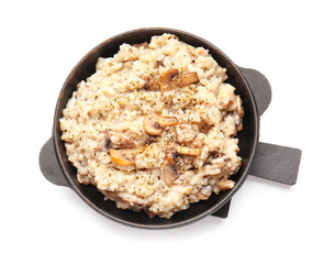 Frying pan with tasty risotto on white background
