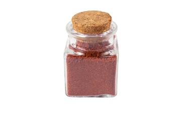 Tandoori Masala mix of spices in a glass jar isolated on white background. Spices and food ingredients.