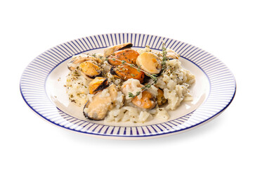Plate with tasty risotto on white background