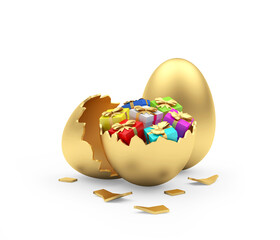 Colorful gift boxes in a golden broken egg next to a whole golden egg. 3D illustration 