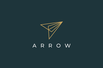 Arrow Up Logo. Gold Geometric Line Arrow Shape Paper Plane Icon isolated on Green Background. Usable for Business and Technology Logos. Flat Vector Logo Design Template Element.