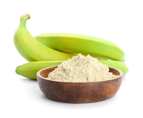 Tasty bananas and bowl with flour on white background