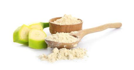 Spoon with banana flour on white background
