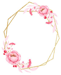 Gold frame with watercolor airy pink peonies, gently pink twigs with leaves and bright raspberry berries on the twigs. Great for invitations, cards, greetings, coupons, and any design.