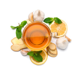 Cup of healthy garlic tea on white background