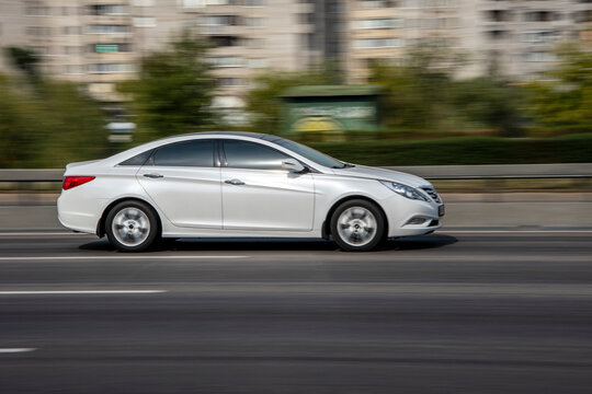 Ukraine, Kyiv - 1 October 2020: White Hyundai Sonata Car Moving On The Street