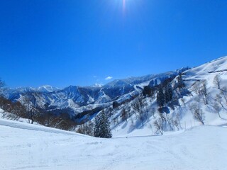 快晴のスキー場、最高のコンデションのゲレンデ、雪山です。