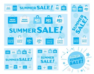 サマーセールの青いバナーイラストのセット