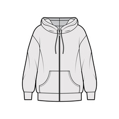 Zip-up Hoody sweatshirt technical fashion illustration with long sleeves, oversized body, kangaroo pouch, banded hem. Flat extra large apparel template front, grey color. Women, men, unisex CAD mockup