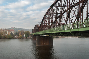 Railway Bridge across Moldau river in Prague, Czech Republic