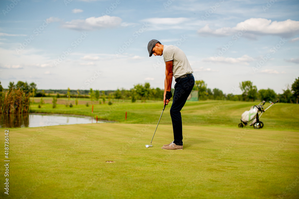 Wall mural young man playing golf