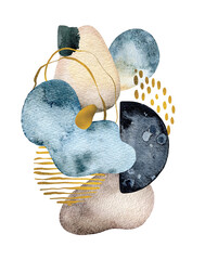 Watercolor abstract shapes composition with gold  and black elements