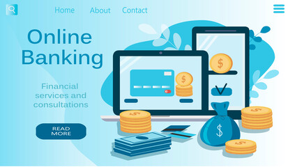 vector illustration on the theme of online banking and finance, internet payment. smartphone, laptop, paper money and coins, credit cards, flat illustration, banner for web, magazine and app